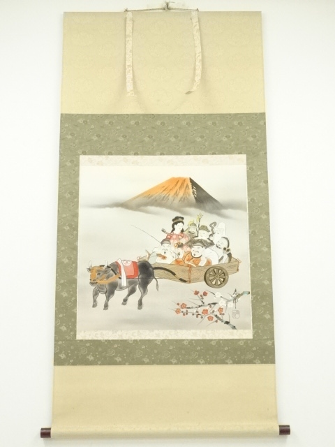 JAPANESE HANGING SCROLL / HAND PAINTED / RED Mt.FUJI WITH SEVEN GODS OF FORTUNE